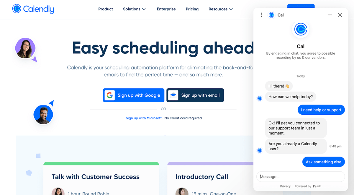 calendly homepage with a chatbot discussion on the right with blue text from the user and gray text from calendly chatbot