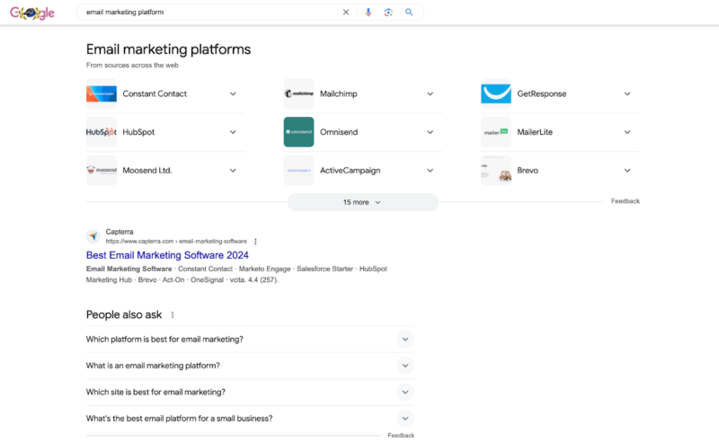 The SERP for the keyword "email marketing platforms"