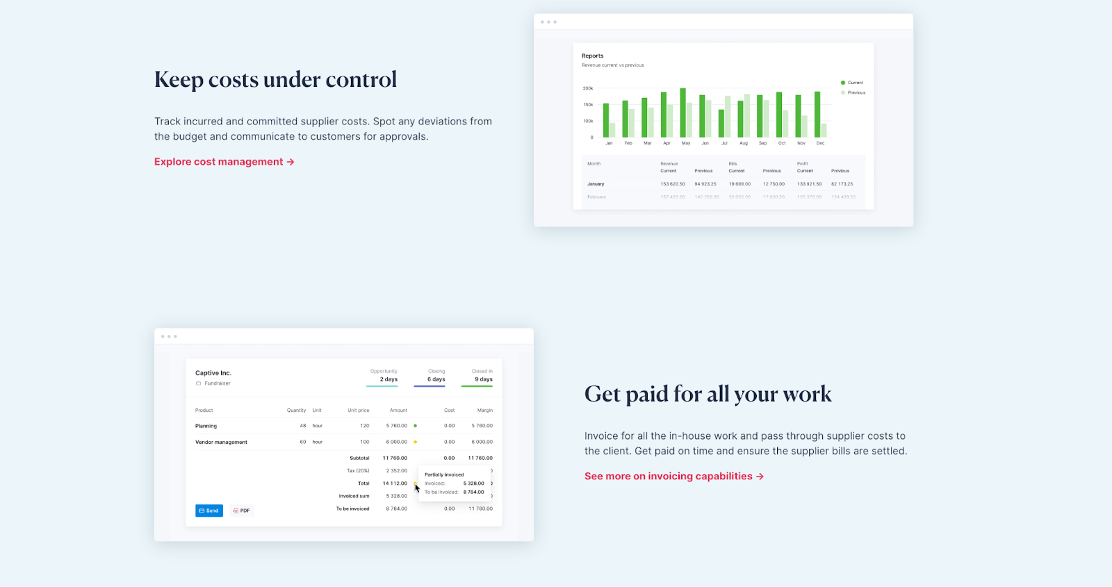 product features with keep costs under control and get paid for all your work with screenshots over a blue background and red text CTAs