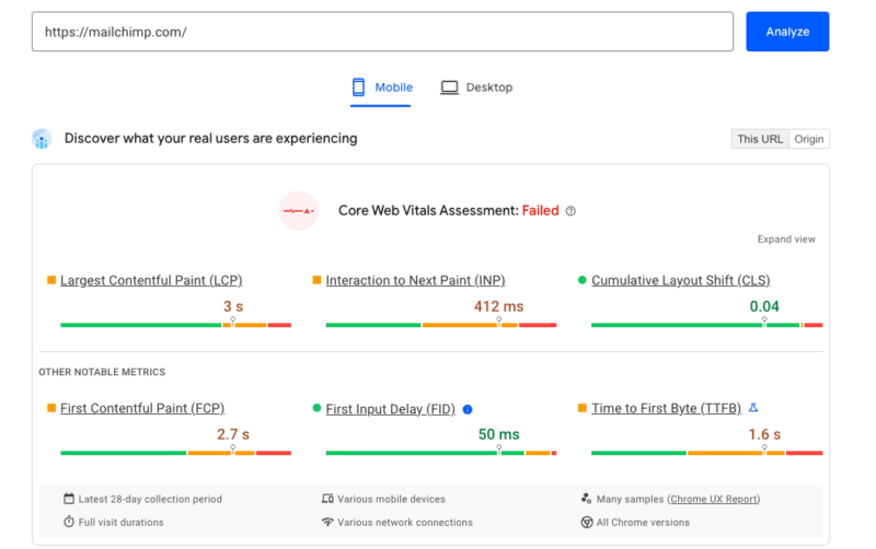 An example PageSpeed Insights report