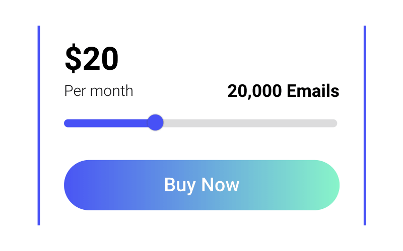 Pricing bar with a blue and gradient button showing 20000 emails costing $20 a month to send