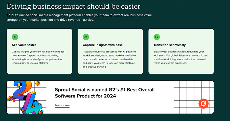 Sprout social product feature description and an award from G2 with "Best Overall Software Product for 2024" with a green background and three main product features