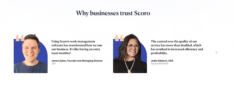 social proof on Scoro website titled "Why businesses trust Scoro" with James Sykes and Jodie Gibbons, customers of Scoro