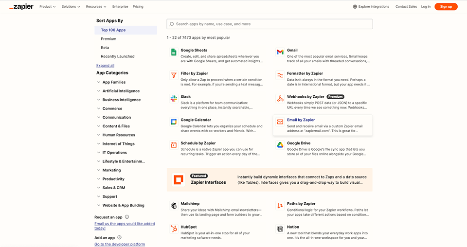 Zapier integration and app search