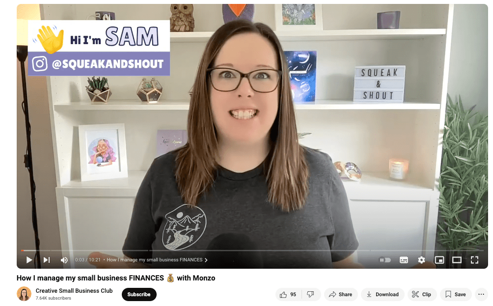 Thumbnail image of Sam from Squeak and Shout, a personal and business Finance show on YouTube featuring a woman in front of a bookshelf with a microphone talking to the camera