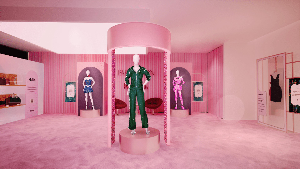 Klarna partnership with Paris Hilton displays a pink dress room with three outfits, a green jumpsuit, a pink dress, and a blue blouse and skirt