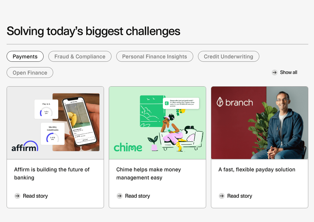 A webpage section showcasing Plaid's stories on solving fintech challenges. Includes solutions like Affirm’s installment payments, Chime’s money management, and Branch’s payday solution, with options to read each story.