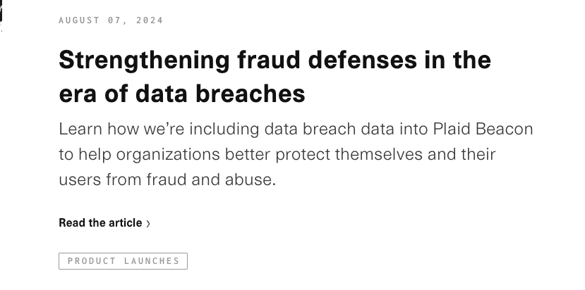 Preview of an article about the "Strengthening fraud defenses in the era of data breaches" from Plaid Beacon that leads to a product launch.