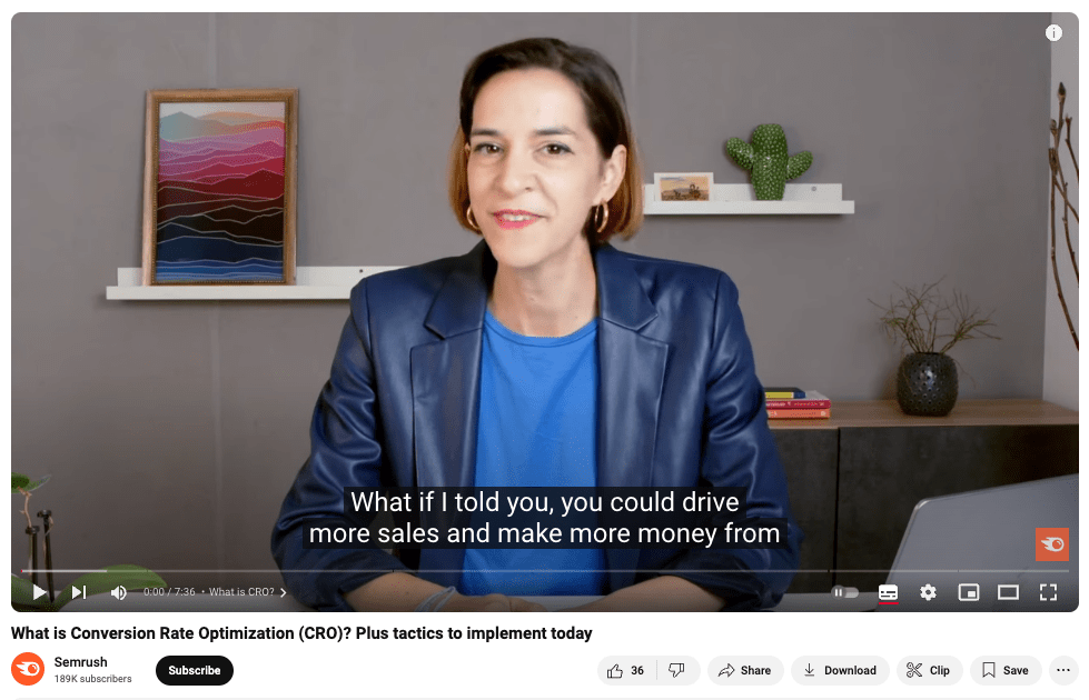 A YouTube video by Semrush discussing Conversion Rate Optimization (CRO) tactics to drive more sales and revenue.