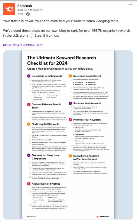 Semrush post about a keyword research checklist for 2024 to achieve high organic keyword rankings, featuring a link to detailed steps.