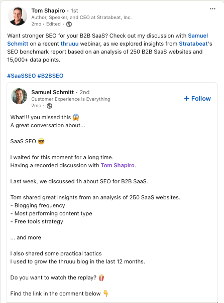 LinkedIn post by Tom Shapiro discussing a recent webinar on SEO for B2B SaaS with Samuel Schmitt, highlighting insights from a study of 250 SaaS websites.