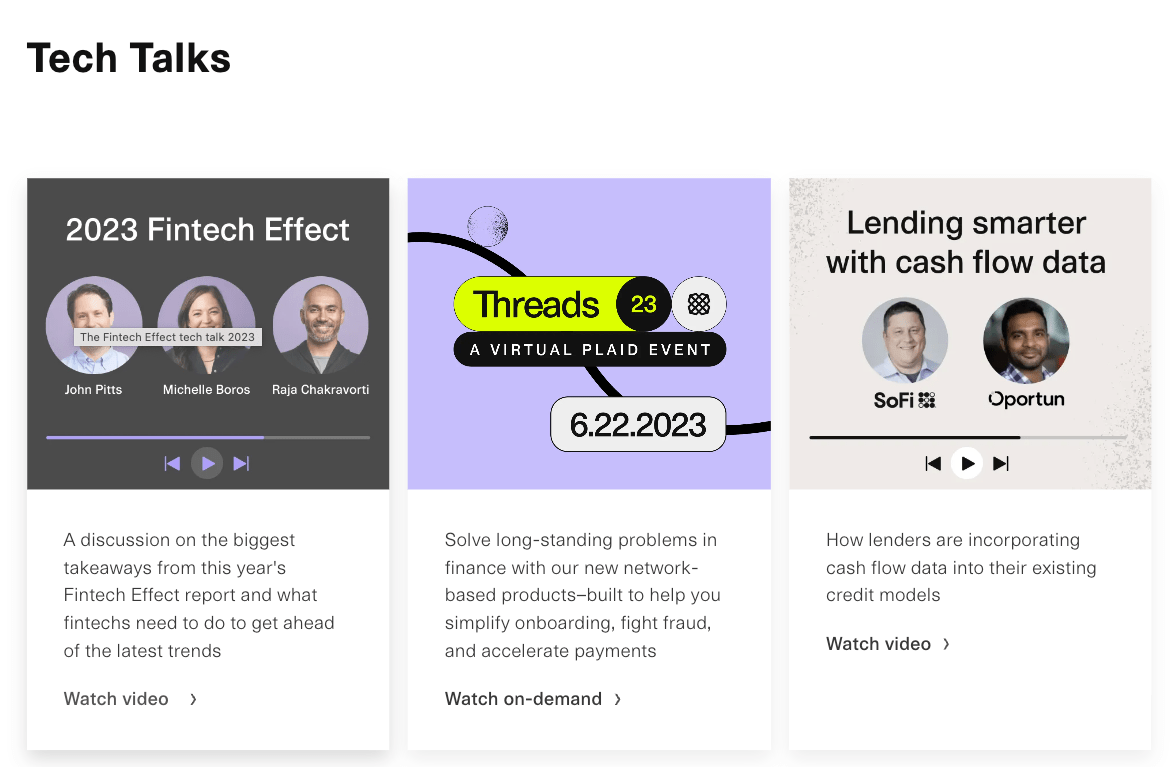 Fintech Library Tech Talks Library featuring three pieces of content, including two videos, an on-demand webinar, all discussing the Fintech environment