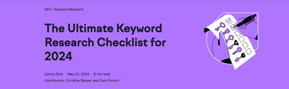 SEO and Keyword Research banner for 'The Ultimate Keyword Research Checklist for 2024' by Carlos Silva, an 8-minute read.