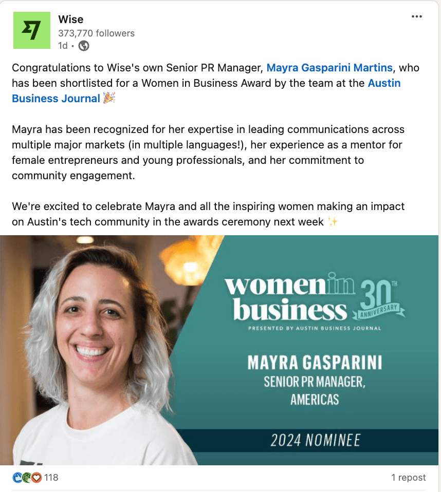 A LinkedIn post by Wise Business about Mayra Gasparini, the Senior PR Manager who has been shortlisted for an award. The graphic features her profile with a green background and a logo for "Women in Business"