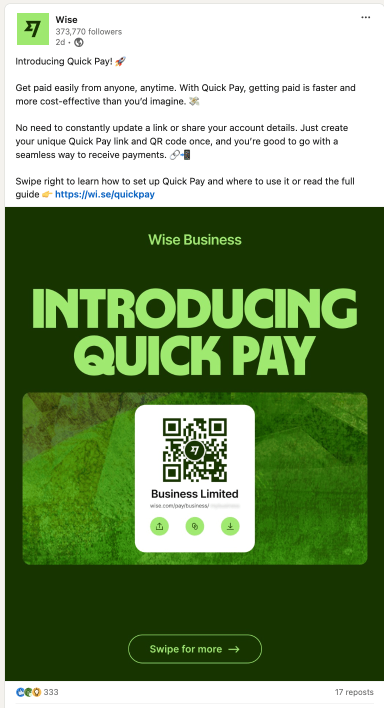 A LinkedIn post by Wise Business introducing 'Quick Pay,' a new feature allowing businesses to receive payments via a Quick Pay link and QR code. The post highlights benefits and provides a link to more information.