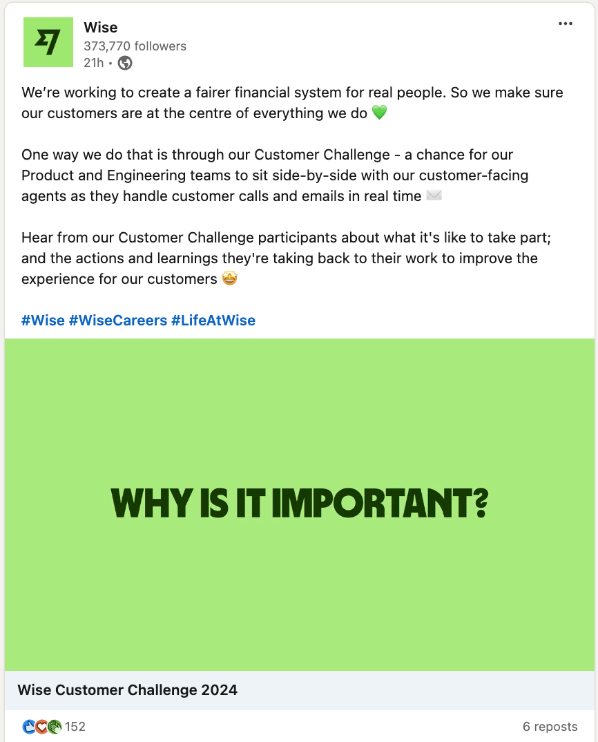 A LinkedIn post by Wise Business about their product and engineering teams to discuss their customers, using a green graphic with the text "Why is It Important"